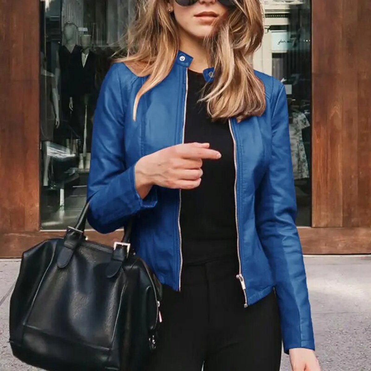 Women’s Short Leather Motorbike Jacket with Zip