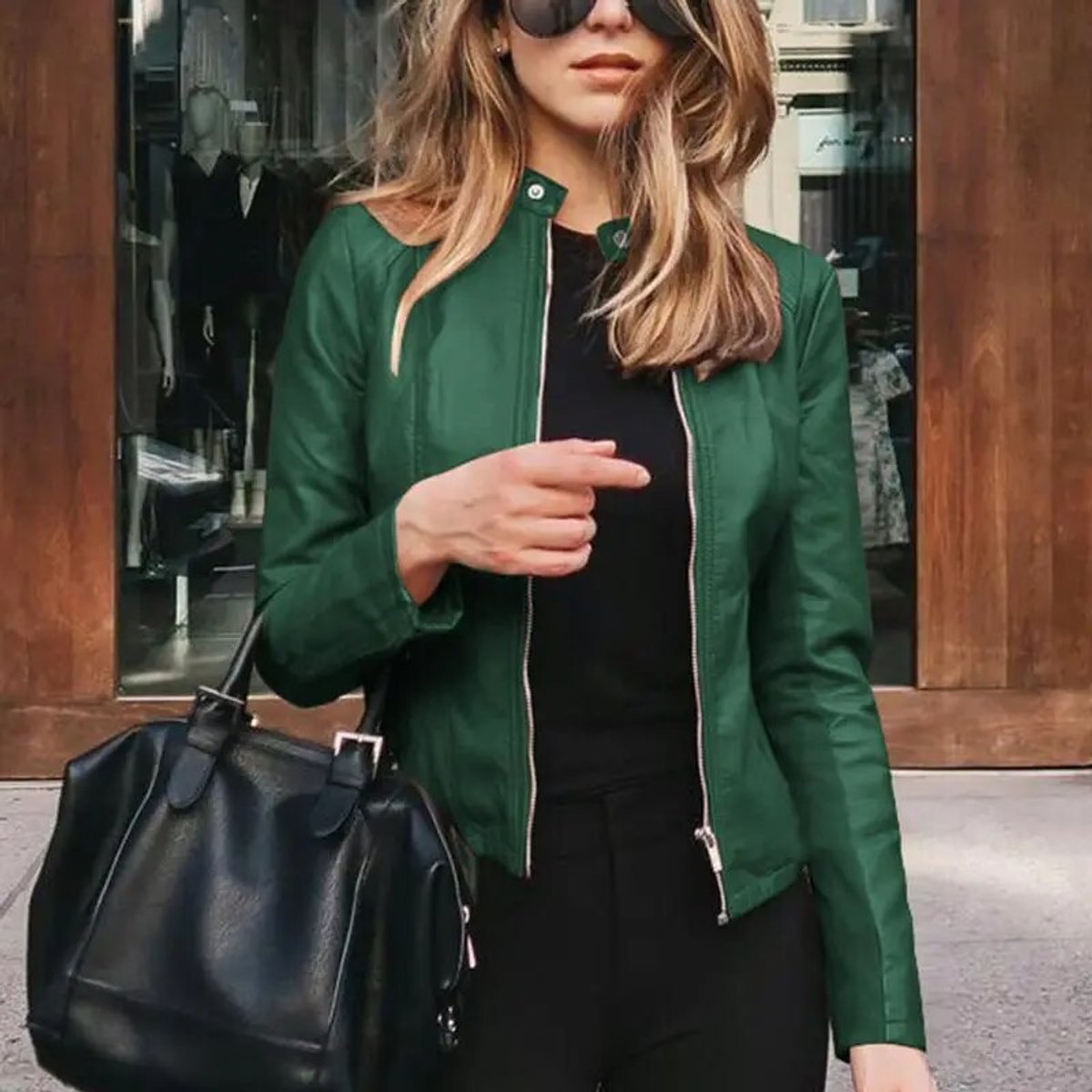 Women’s Short Leather Motorbike Jacket with Zip