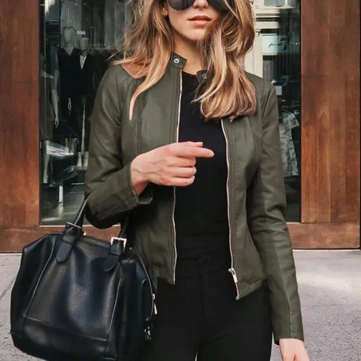 Women’s Short Leather Motorbike Jacket with Zip