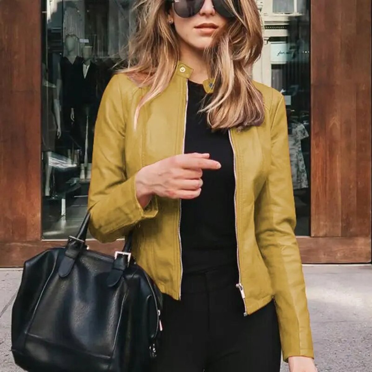 Women’s Short Leather Motorbike Jacket with Zip