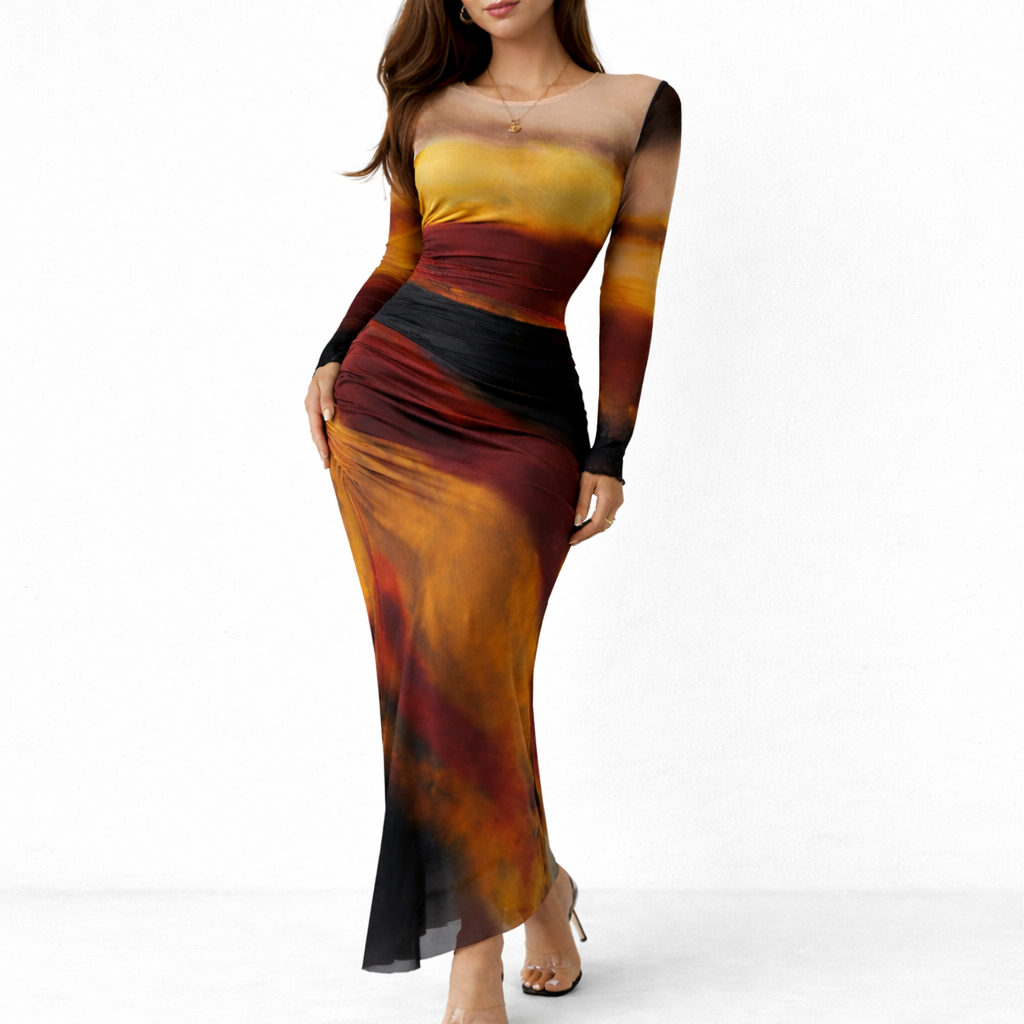 Elegant Ombre Ruched Long Sleeve Maxi Dress